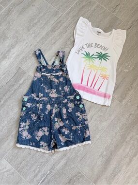 Matilda Jane Floral Denim Shortalls with White Palm Graphic Tank